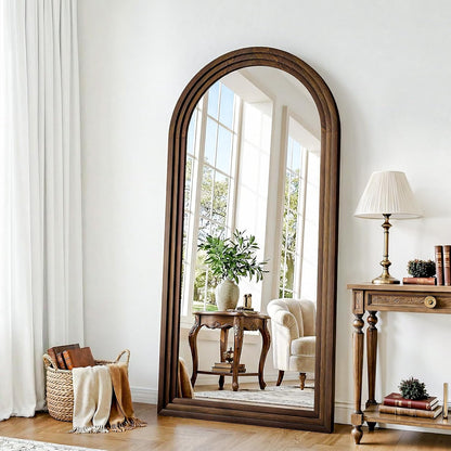 30"x71" Full Length Mirror Solid Wood Frame, Arched Floor Mirror Full Length with Stand, Room Decor Big Full Body Mirror with HD Tempered Glass for Bedroom, Living Room, Walnut Wood