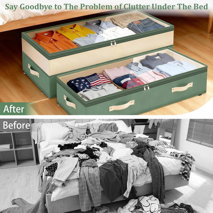 Dolicer 2 Pack Under Bed Storage with Wheels, 6in-10in Height Adjustable Underbed Storage Containers, 92L XXXL Under Bed Drawers Rolling Bin with Clear Lids for Dorm Shoes Clothes Organizers(Grey)
