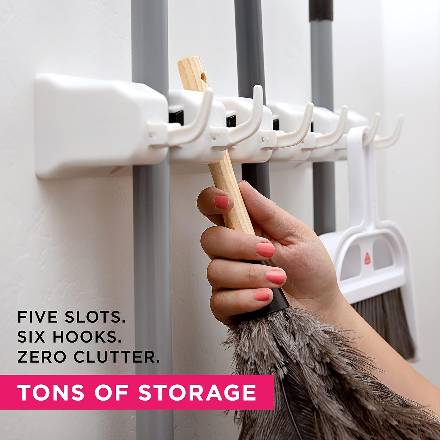 Broom Holder Wall Mount, Mop and Broom Organizer – Wall Mounted Broom Rack & Mop Rack, Rack for Brooms and Mops | Broom Hanger Wall Mount with 5 Slots & 6 Hooks, Kitchen Garage Laundry Garden