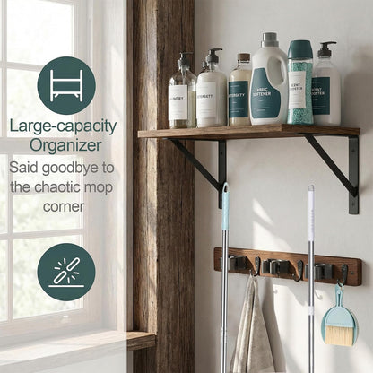 Broom and Mop Organizer Wall Hanging with Cleaning Supplies Organizer Shelf Rustic Farmhouse Wood Broom Mop Holder Storage Rack for Laundry Room Garage (1, Brown)