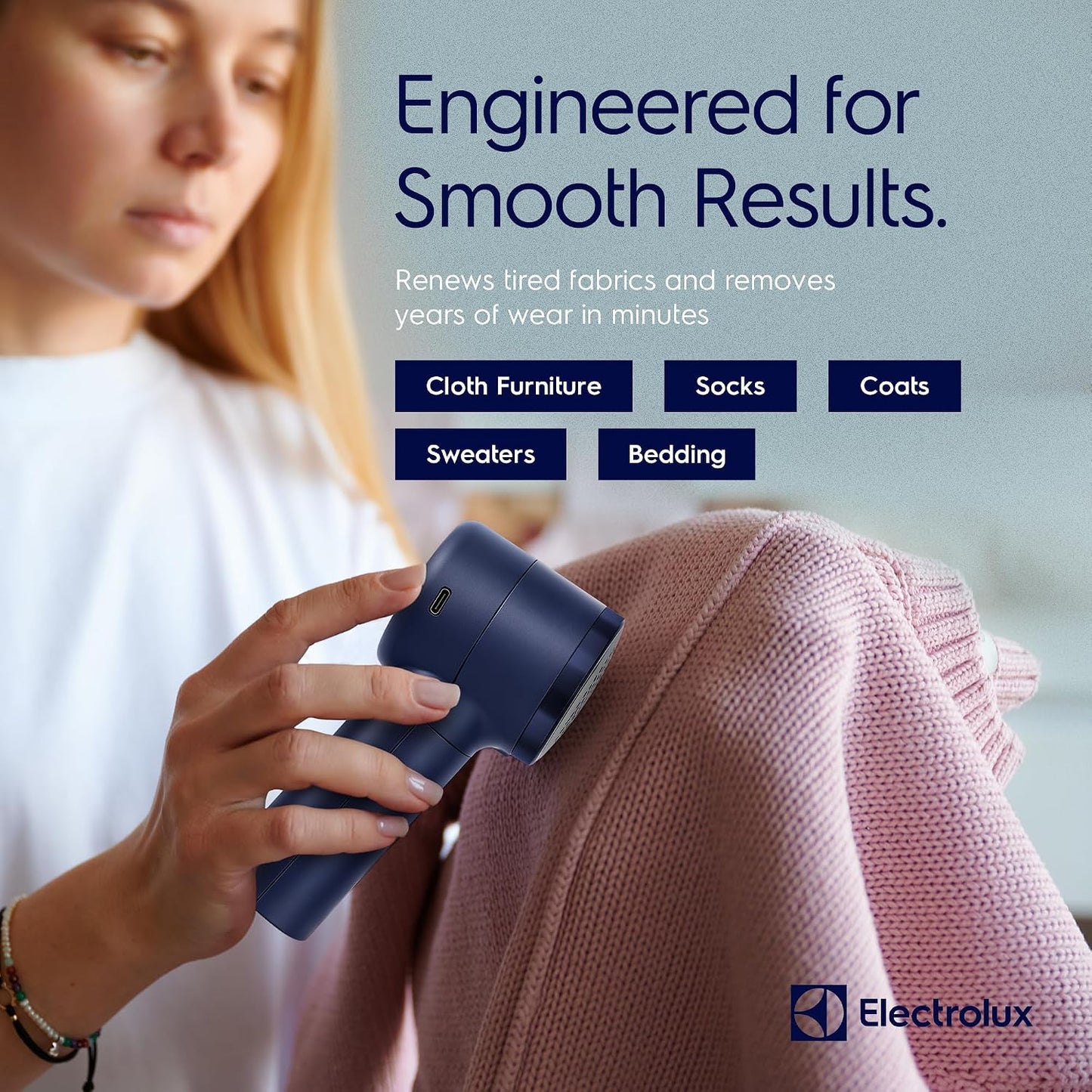 Electrolux Rechargeable Fabric Shaver | Compact Travel Lint Remover for Clothes & Furniture | Eliminates Fuzz & Pilling | 3-Speed Electric Lint Shaver with Type-C Fast Charging Port - Blue