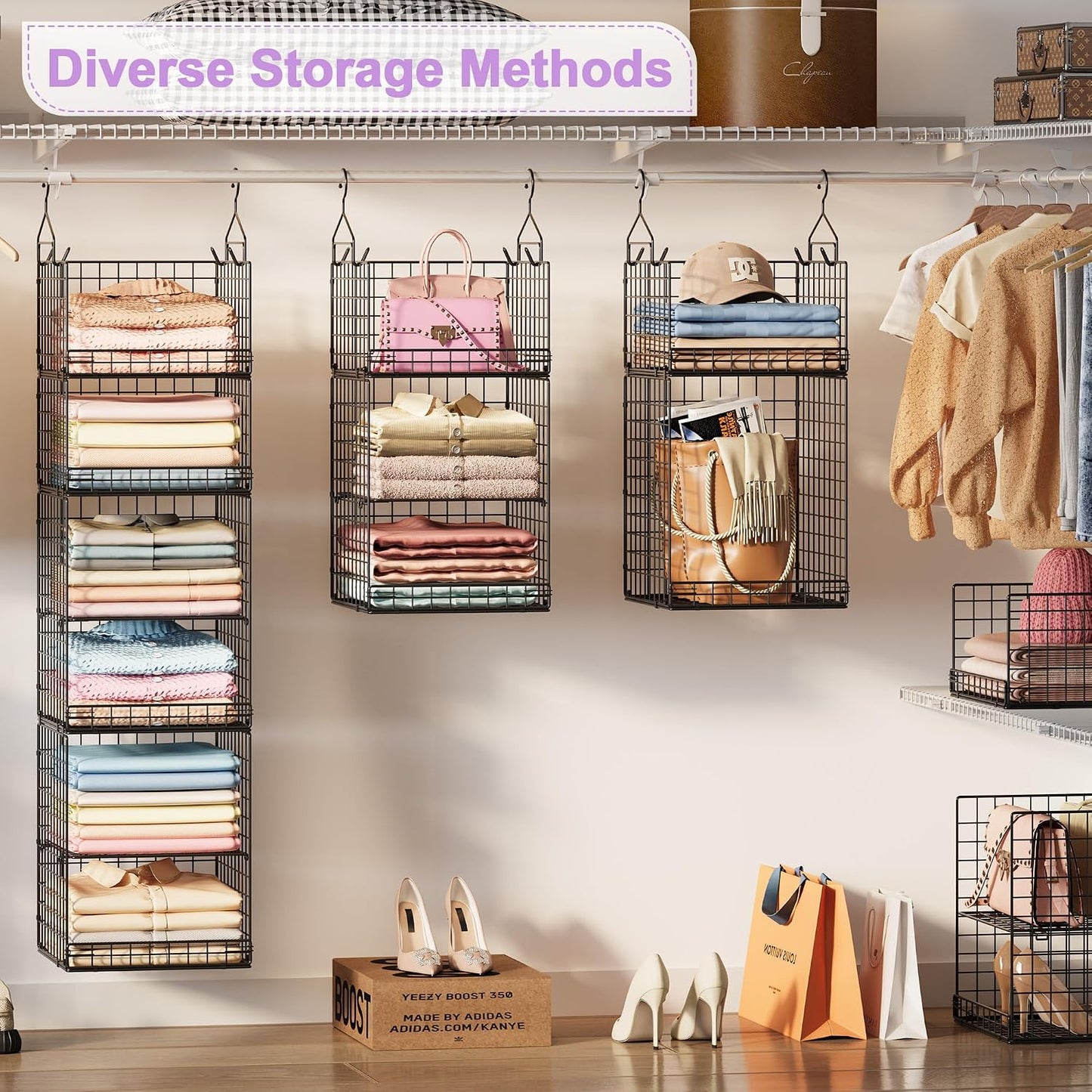 Yuyetuyo 5 Tier Closet Hanging Organizer and Storage Separable Hanging Closet Shelves with 4 Hooks 2 Adjustable Dividers, Wire Storage Basket Bins for Clothing Sweaters Socks Dolls Handbags, Foldable