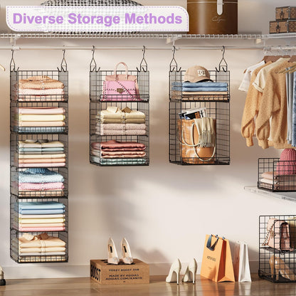 Yuyetuyo 5 Tier Closet Hanging Organizer and Storage Separable Hanging Closet Shelves with 4 Hooks 2 Adjustable Dividers, Wire Storage Basket Bins for Clothing Sweaters Socks Dolls Handbags, Foldable