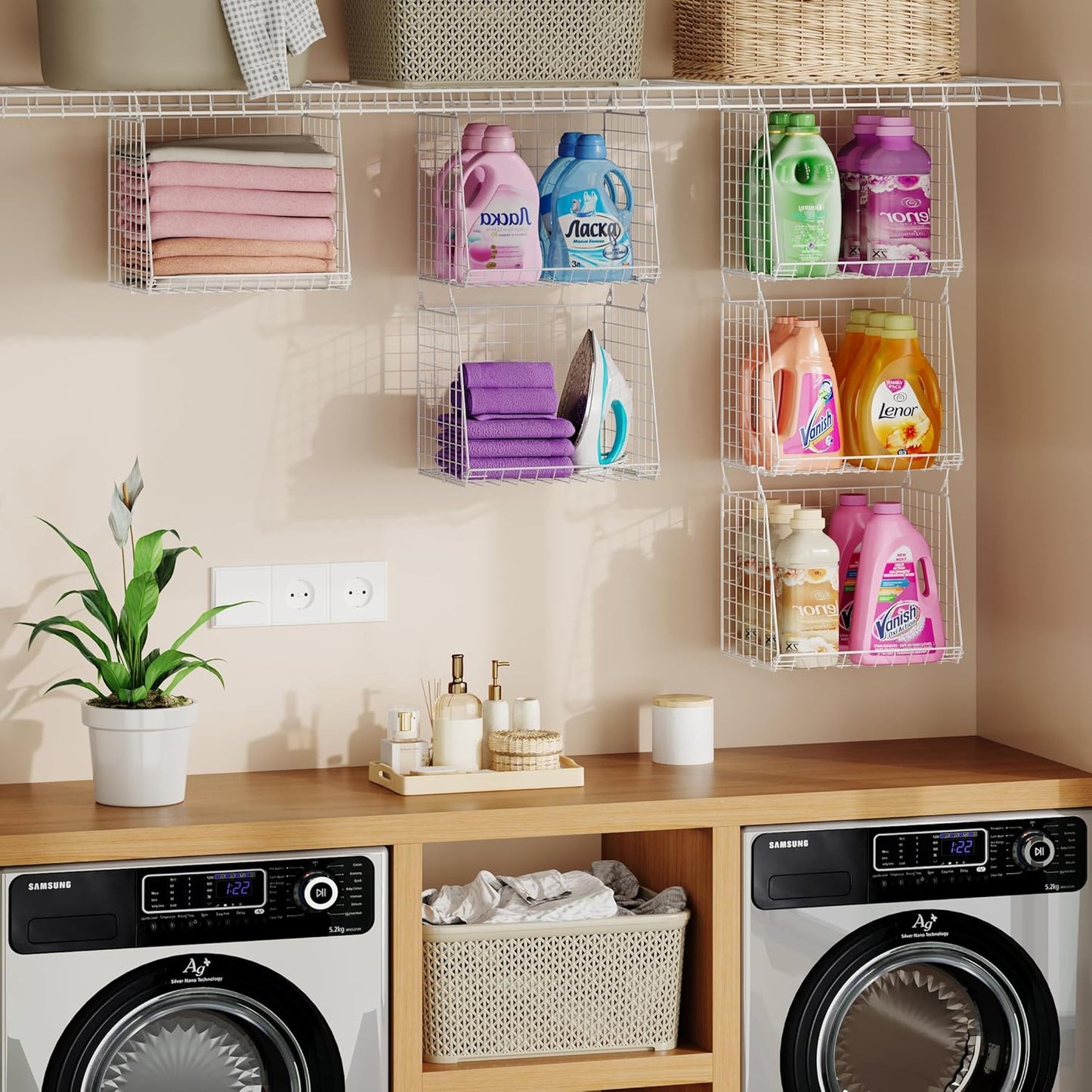 3-Pack Extra-Tall 13.6'' Hanging Laundry Basket Organizer, Foldable Wire Shelf with 360° Rotating Hooks & Reinforced Height - Durable Space-Saving Laundry Room & Closet Organizer, White Patent