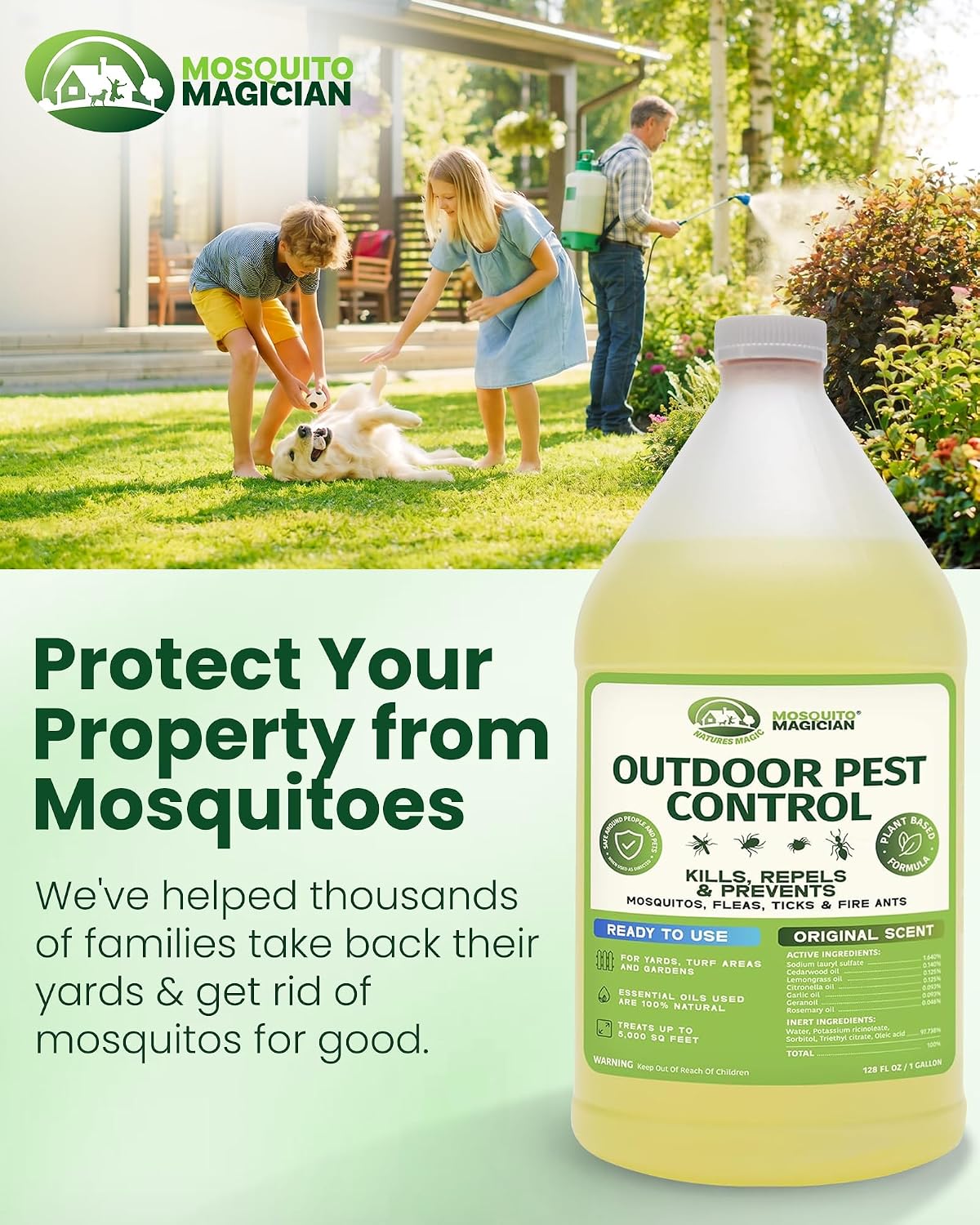 Mosquito Magician Ready-to-Use Mosquito Yard Spray 2 Gal (original scent) – Kills Mosquitoes, Fleas & Fire Ants, Repels & Prevents Ticks – Essential Oil Formula for Sprayers, Foggers & Misting Systems