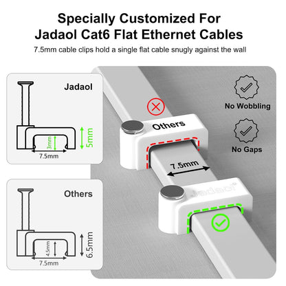 Jadaol 100Pcs 7.5mm Cable Clips with Nails, Custom Fit for Jadaol Cat6 Flat Ethernet Cable, Wall Wire Tacks for RJ45 LAN, Coax, Speaker, and Network Cables