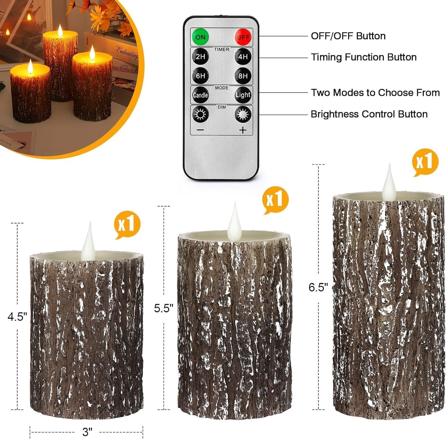 AKU TONPA Flameless Candles Battery Operated Pillar Real Wax Flickering Electric LED Candle Gift Sets with Remote Control Cycling 24 Hours Timer, Pack of 6 (3" D x 4" H, Ivory)