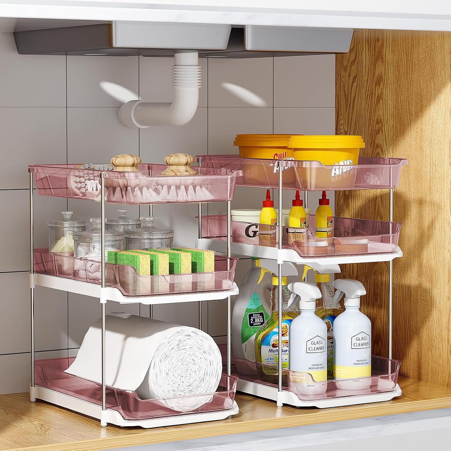 Delamu 2 Sets of 3-Tier Bathroom Under Sink Organizers and Storage, Multi-Purpose Stackable Pantry Organization and Storage, Pull Out Clear Kitchen Bathroom Cabinet Organizer with Movable Dividers | Storage