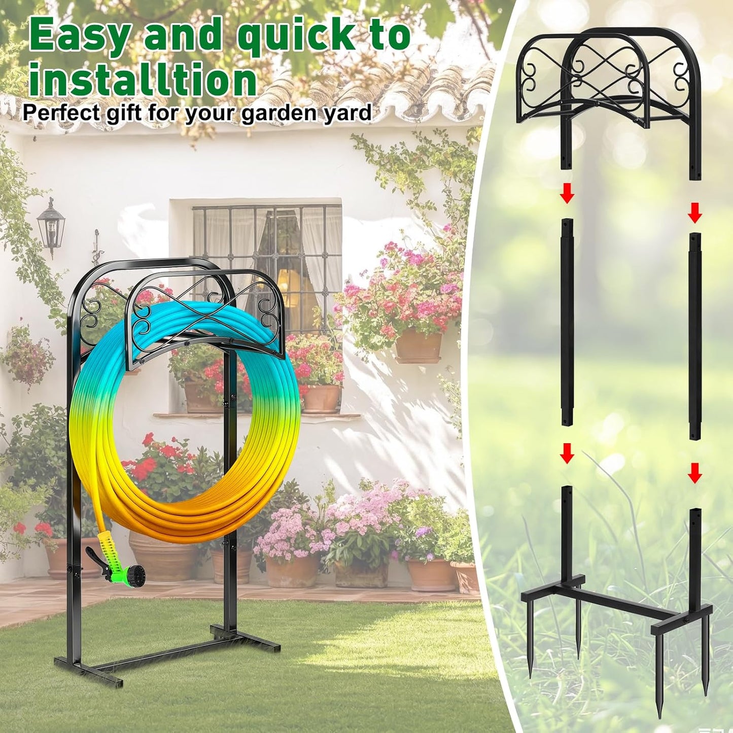 Gtongoko Garden Hose Holder for Outside 43" Heavy Duty Freestanding Water Hose Holder with 4 Stable Spikes Metal Hose Stand Holds Up to 150FT Hose & 44LB Detachable Hose Storage for Yard Lawn Patio