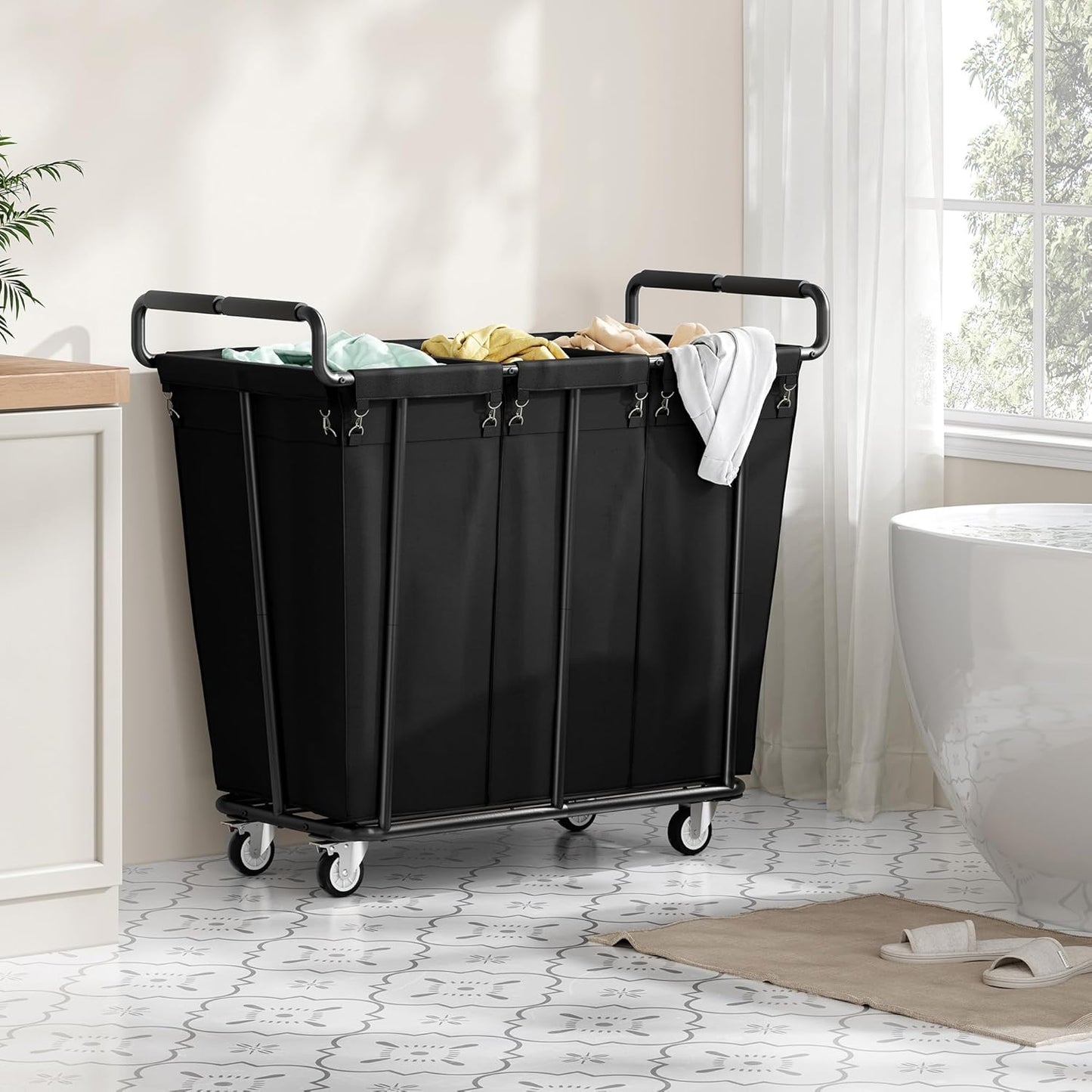 Gewudraw Large laundry hamper with Wheels, 3 Bag Big Rolling Laundry Hamper Sorter Cart, Extra Large Laundry Clothes Hamper, Heavy Duty Laundry Basket Organizer for Laundry Room,Bathroom,Black