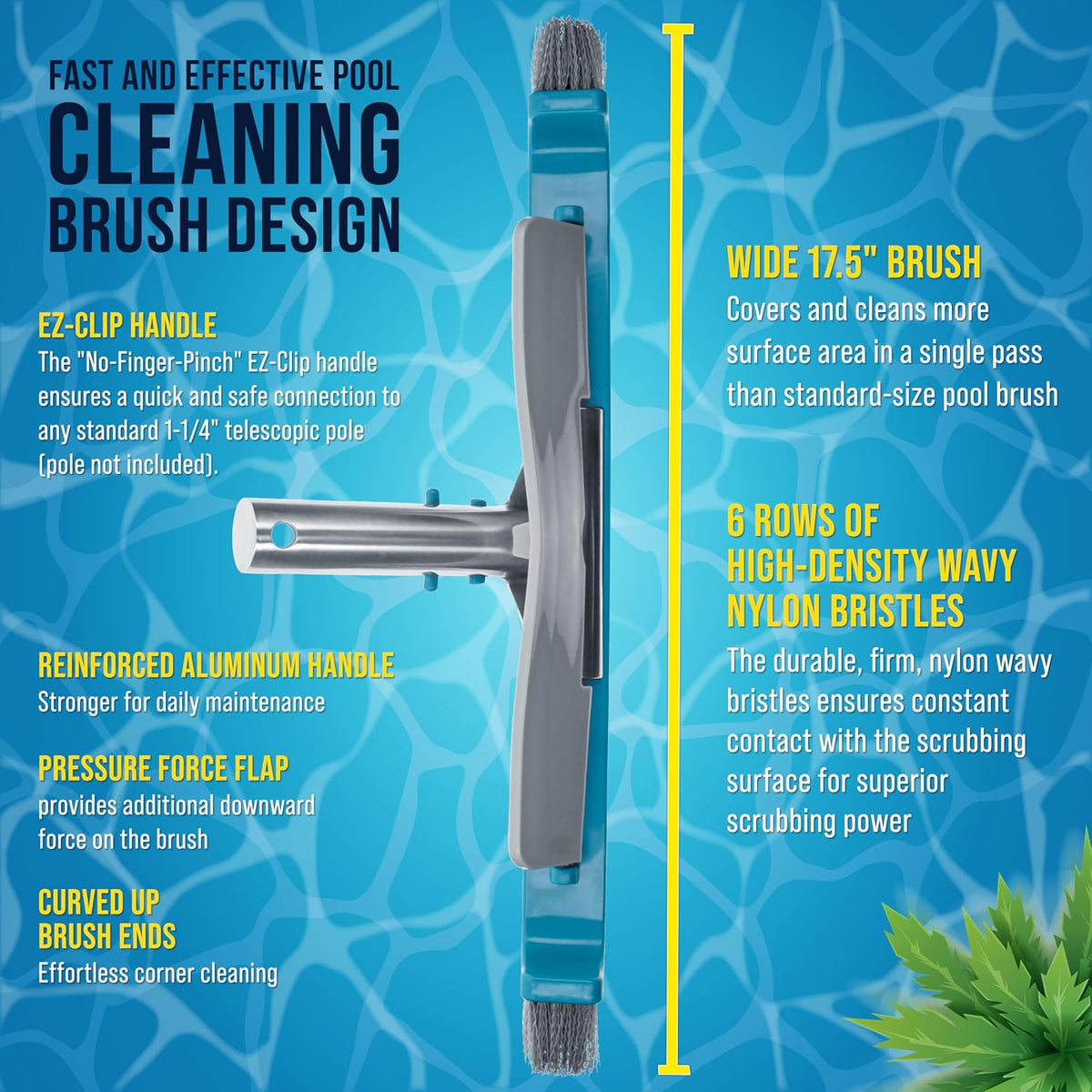 U.S. Pool Supply 13" Pool Brush with Rubber Bristles and Squeegee Edge - Safe for Vinyl Liners, Ideal for Above-Ground Pools, Aluminum Pole Handle - Scrub Leaves Debris from Walls, Floors, Corners