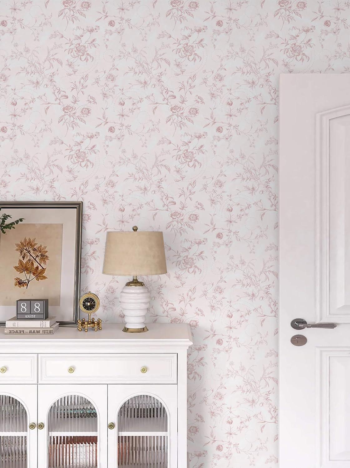 Ismoon Peel and Stick Wallpaper Floral Vintage Stick on Wall Paper Beige French Textured Contact Paper for Cabinet Removable Self Adhesive Wallpaper Vinyl Roll Shelf Deco, 17.3x78.7in