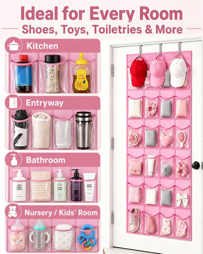 Over the Door Shoe Organizer with 24 Crystal Clear Pockets and Metal Hooks – Heavy Duty Hanging Shoe Storage Rack for Closet, Bathroom, Dorm – Space Saving for Shoes, Accessories, Toys (White)