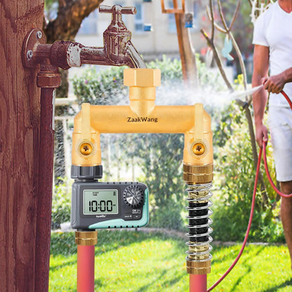 Heavy Duty Brass 2-Way Garden Hose Splitter, 3/4" GHT Threads, Metal Shutoff Valve, Long Handle