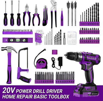Cordless Drill Tool Kit Set: 20V Power Drill Tool Box with Battery Electric Drill Driver for Men Home Hand Repair Basic Toolbox Tools Sets Drills Case