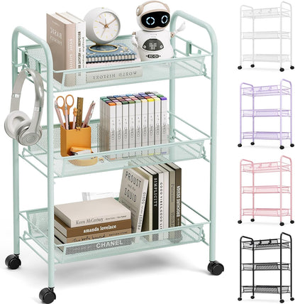 TOOLF 3-Tier Metal Rolling Cart, Mesh Wire Easy Assemble Utility Cart, Storage Trolley on Wheels with 3 Hooks, MetalStorage Shelving Units for Kitchen Bathroom Laundry Room