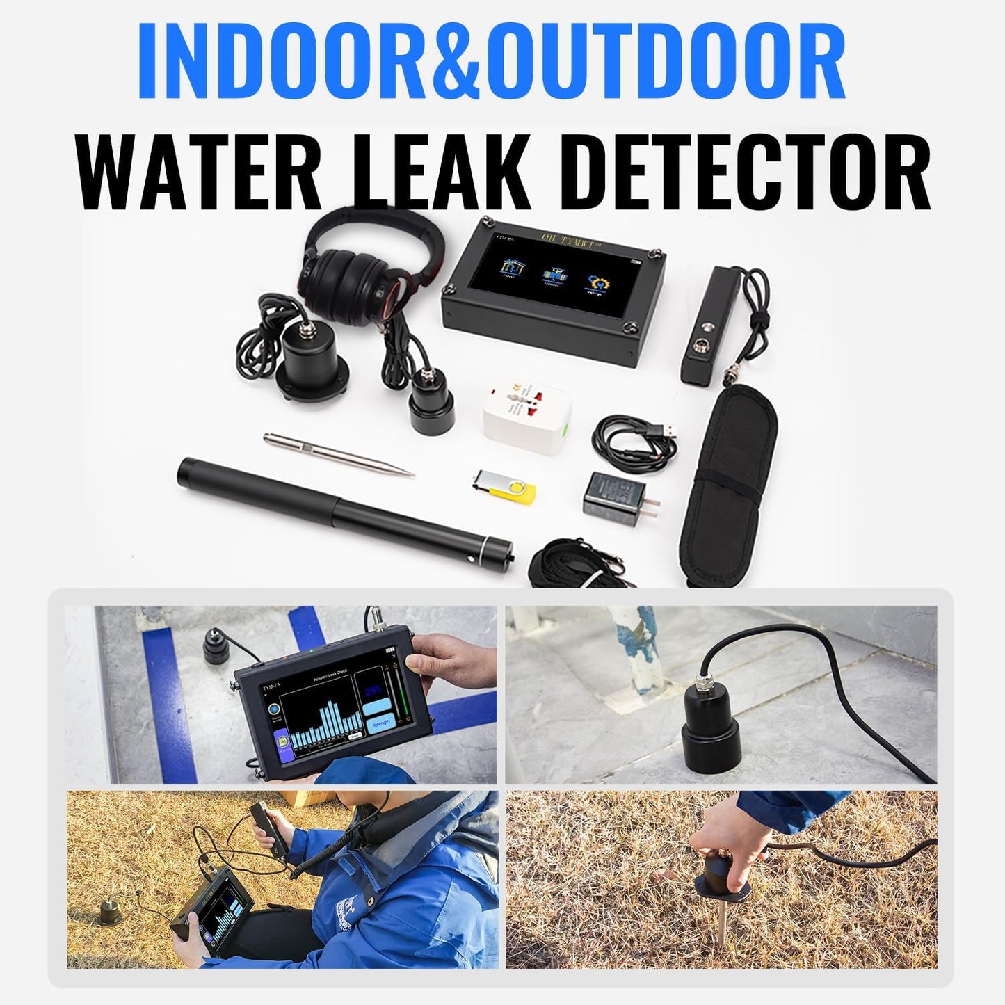 Al Water Leak Detector, Indoor Wall/Ground Under Slab Pipe Leak - TYM-3A | 2 Sensors, 0.5m/1.64ft, 100Hz-8000Hz, 15 Hours