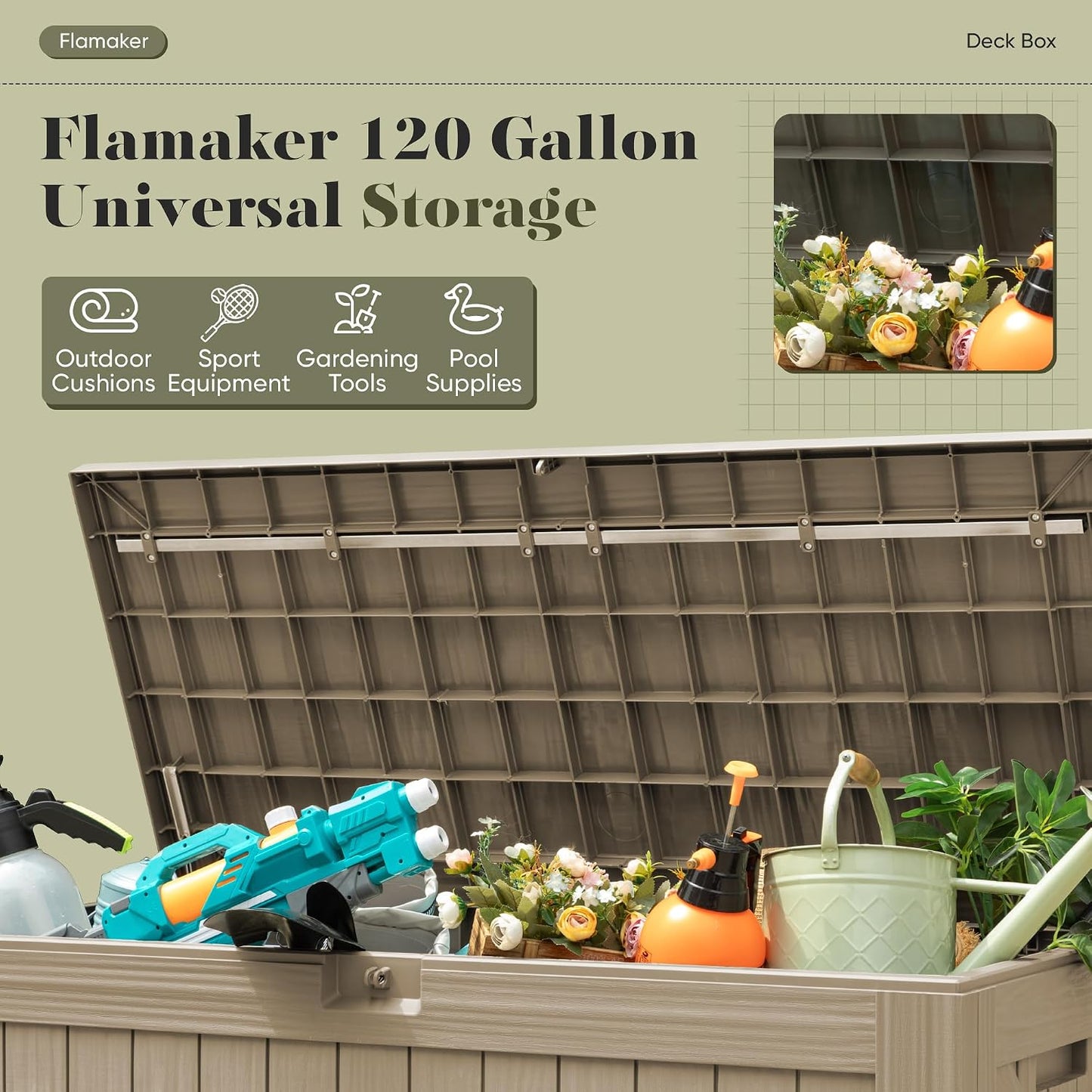 Flamaker Resin Deck Box 120 Gallon Waterproof Large Outdoor Indoor Storage Box Imitation Wood Resin for Patio Furniture Garden Tools and Pool (Black)