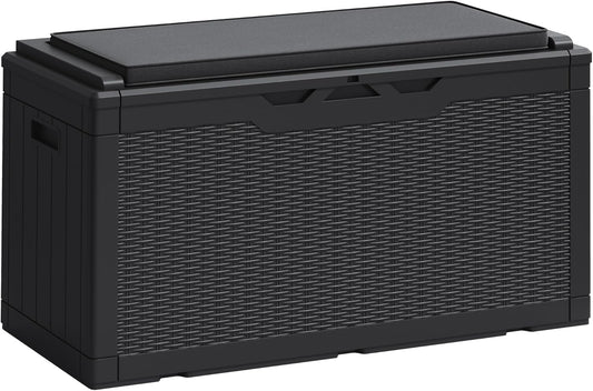 Greesum 120 Gallon Deck Box, Resin Outdoor Storage Container for Patio Furniture, Garden Tools, Pool Accessories, Weatherproof, Lockable, Black