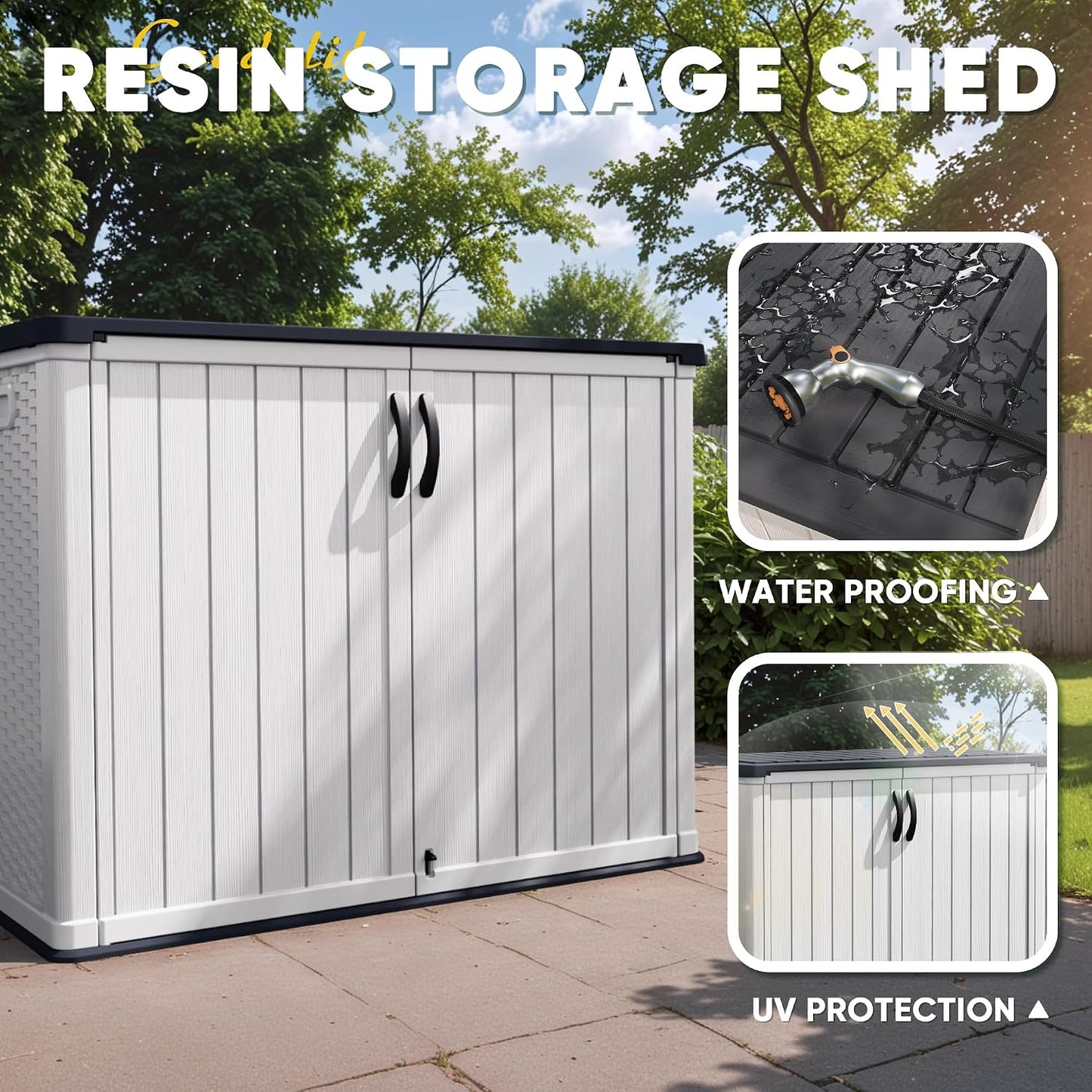 Devoko Outdoor Storage Cabinet 26 Cu Ft with Lockable Doors, Horizontal Storage Shed Waterproof Patio Tools Storage Box for Sofa Cushions, Gardening Tools and Accessories (Beige)