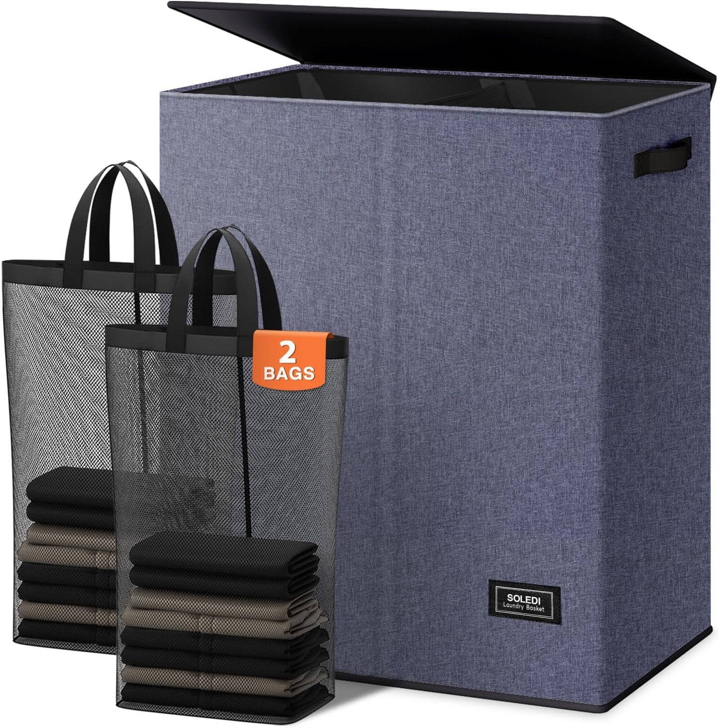 SOLEDI Luxury Double Laundry Hamper with Lid and Removable Bags, 38.3 Gal Large Laundry Bin, Laundry Basket 2 Sections, Collapsible Clothes Hamper for Bedroom, Laundry Room, Bathroom, Off-white