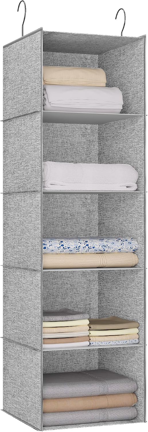 Hanging Closet Organizer 3-Shelf, Oxford Fabric Wardrobe Storage, Gray | Easy-mount foldable design holds clothes, handbags, shoes & accessories; washable Oxford fabric, sturdy and space-saving.