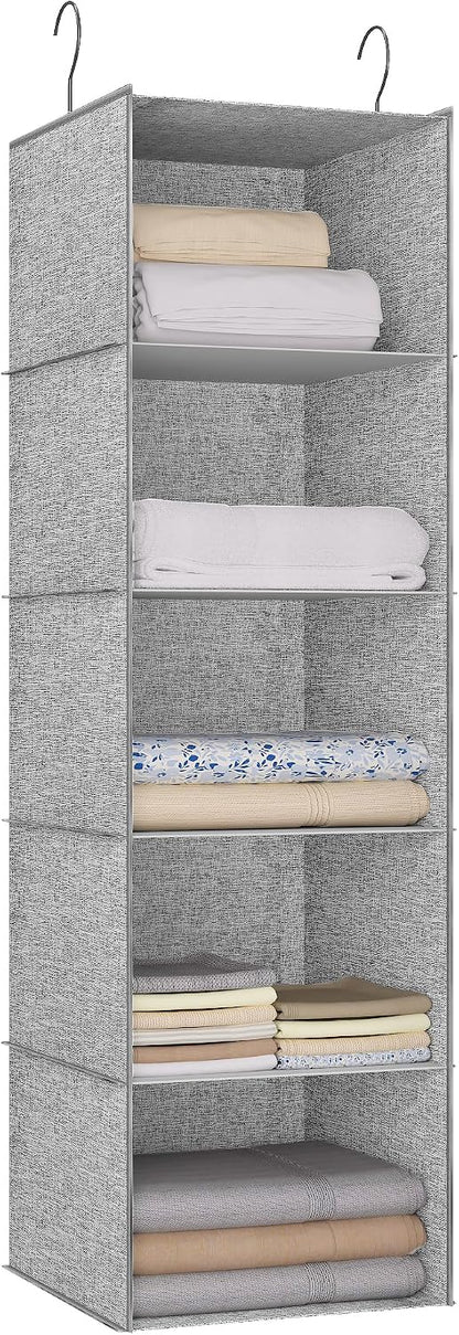Hanging Closet Organizer 3-Shelf, Oxford Fabric Wardrobe Storage, Gray | Easy-mount foldable design holds clothes, handbags, shoes & accessories; washable Oxford fabric, sturdy and space-saving.