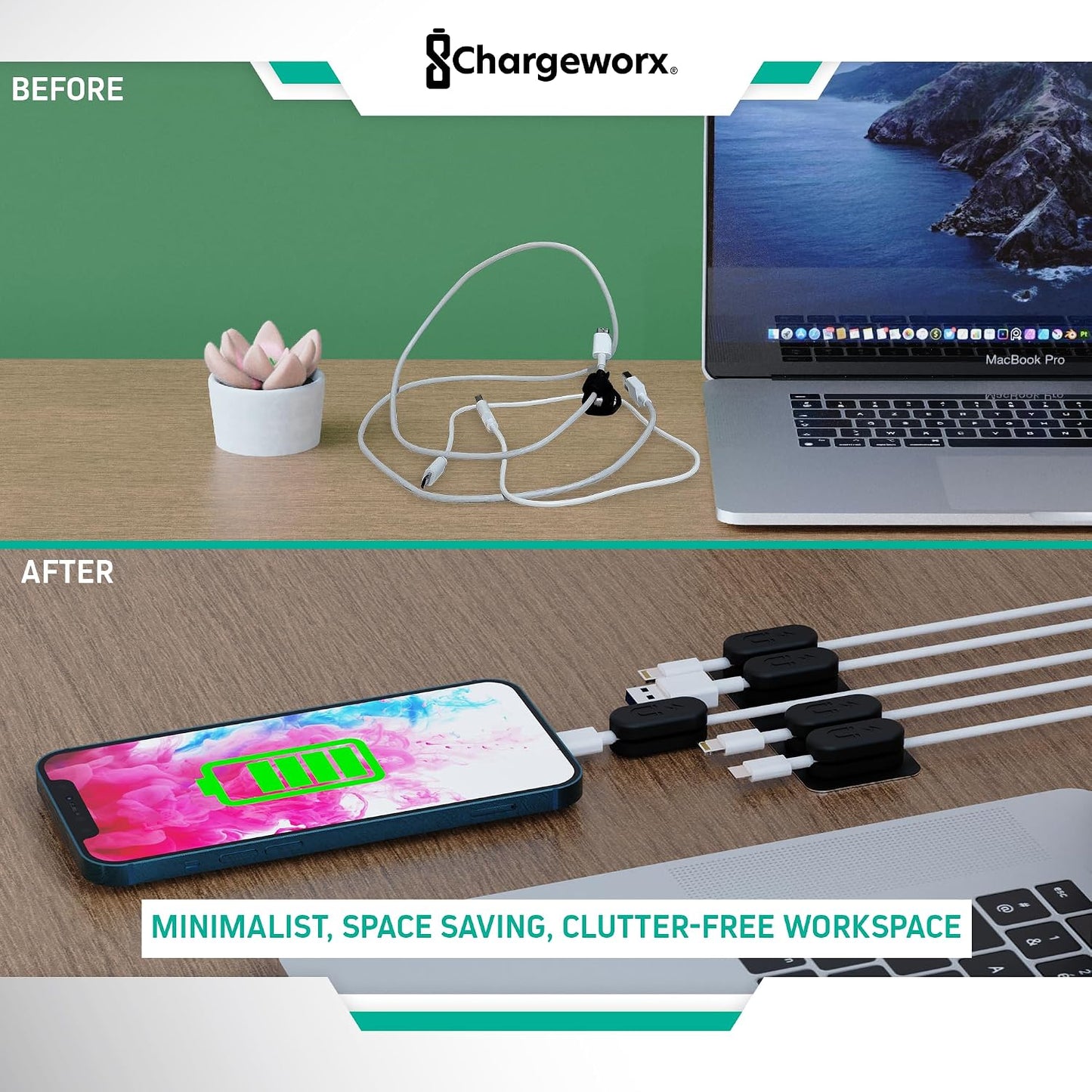 Chargeworx Magnetic Cable Clips - Cord Holder Organizer, No Drill Self-Adhesive Base, Cable Organizer, Repositionable Magnetic Clips, 5-Pack, USB-C Lightning Micro-USB, Desk Nightstand Wall Car, Black