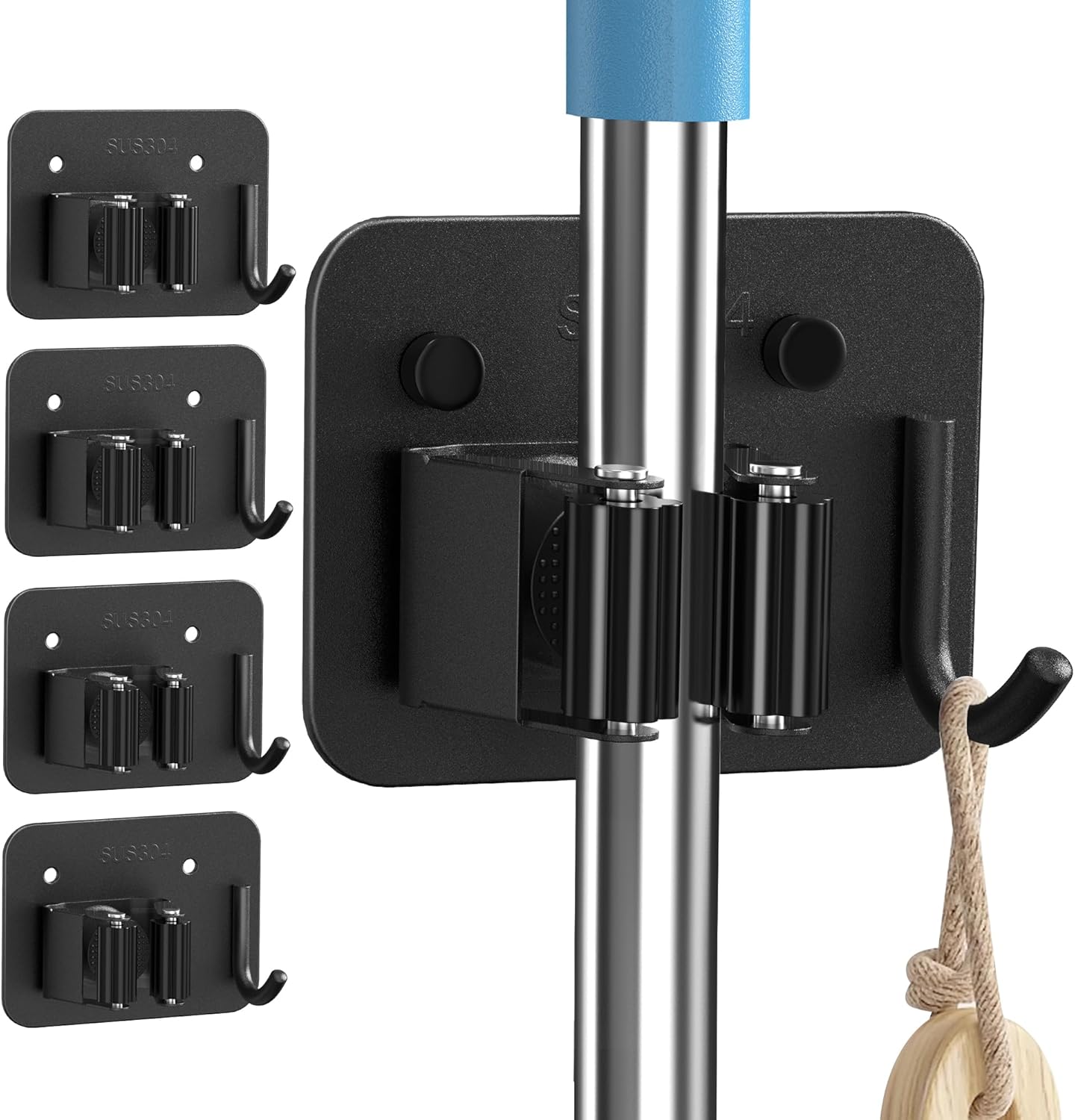 4 Pack Stainless Steel Mop and Broom Gripper with Hook, Screw Drilling or Self Adhesive Mop and Broom Holder Wall Mount, Storage Rack for Closet Laundry Garage Garden Tool Organizer, Silver
