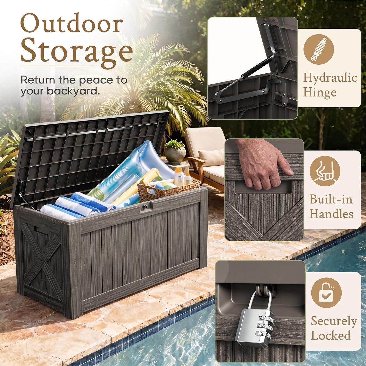 Devoko 120 Gallon Deck Box Resin Outdoor Storage Box Waterproof for Patio, Large Outdoor Storage Bench Lockable for Outside (Black)