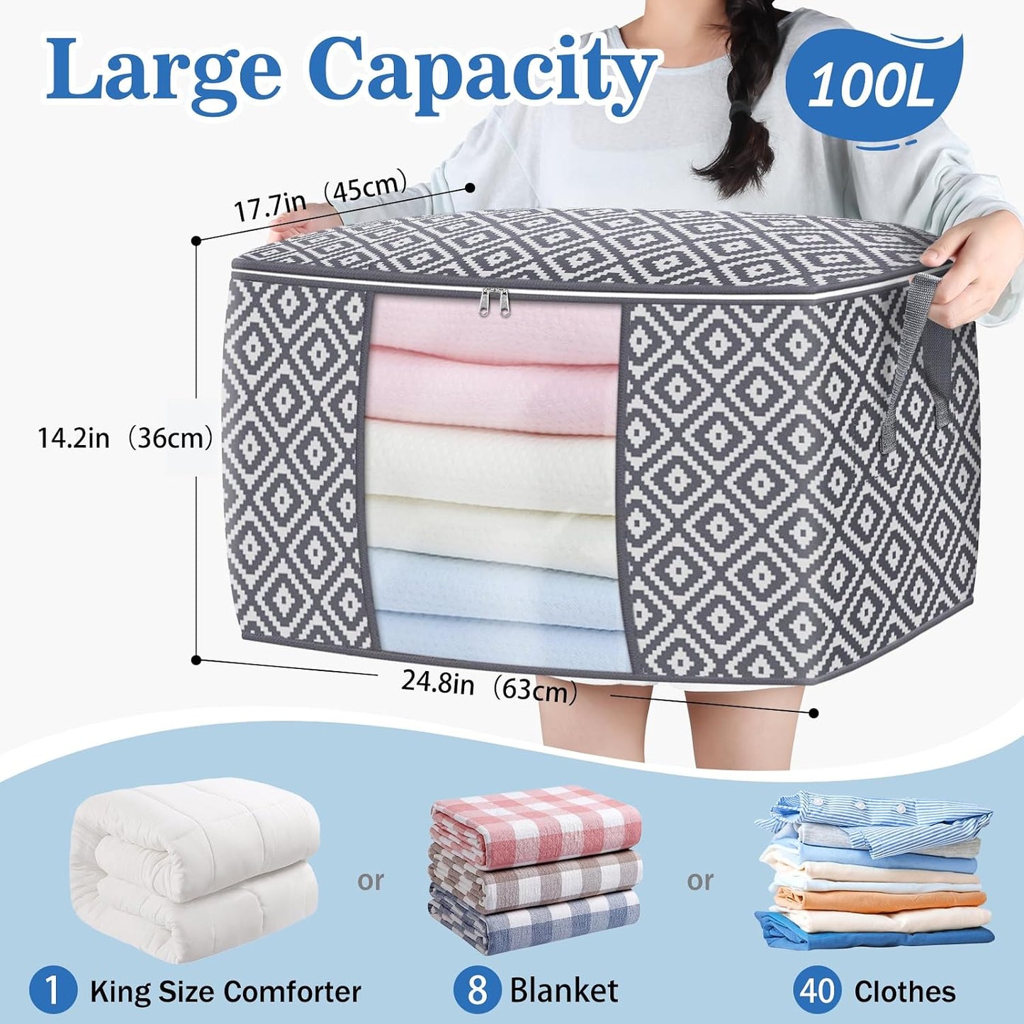 StorageTastic Direct 100L, 3 Pack, Storage Containers, Large Clothes Storage Bins Foldable Organization and Storage Bags with Reinforced Handle, Clear Window for Bedding, Blankets, Clothing, Grey