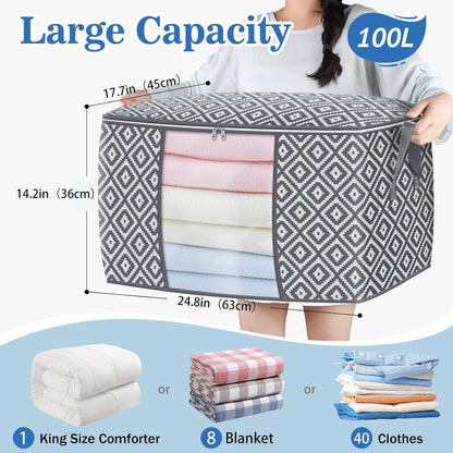 StorageTastic Direct 100L, 3 Pack, Storage Containers, Large Clothes Storage Bins Foldable Organization and Storage Bags with Reinforced Handle, Clear Window for Bedding, Blankets, Clothing, Grey