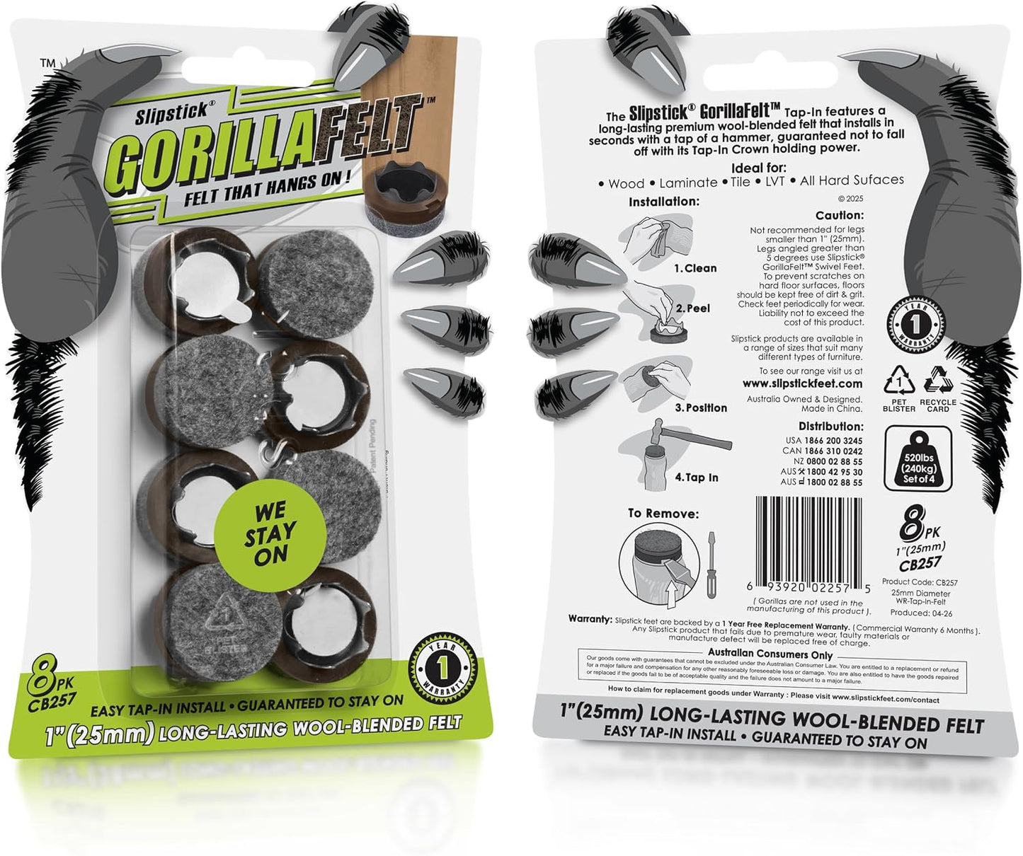 GorillaFelt Chair Leg Floor Protectors/Felt Chair Glides (Set of 16) Tap-On Felt Furniture Pads Guaranteed to Stay On, 1 Inch Round Chair Sliders