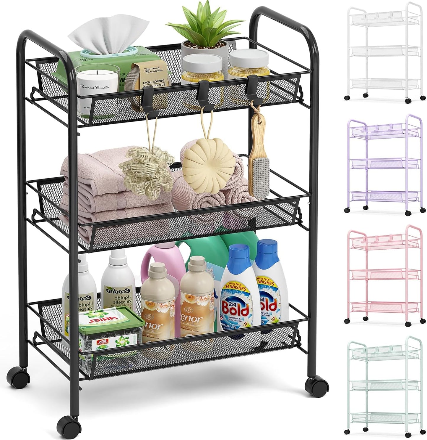 TOOLF 3-Tier Metal Rolling Cart, Mesh Wire Easy Assemble Utility Cart, Storage Trolley on Wheels with 3 Hooks, MetalStorage Shelving Units for Kitchen Bathroom Laundry Room