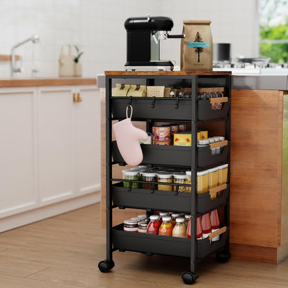5-Tier Slim Storage Cart, Wooden Top Rolling Kitchen Cart with Pull-Out Baskets & Wheels, Narrow Space Utility Cart Slide Out Organizer for Kitchen, Bathroom, Laundry Room, White