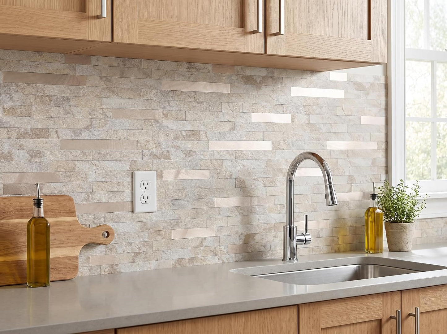 Yipscazo 2026 New Upgrade 11.34" X 11.57" Peel and Stick Backsplash, Stick on Backsplash Tiles for Kitchen, Bathroom, Fireplace (10 Sheets, Beige Rocks + Rose Gold)