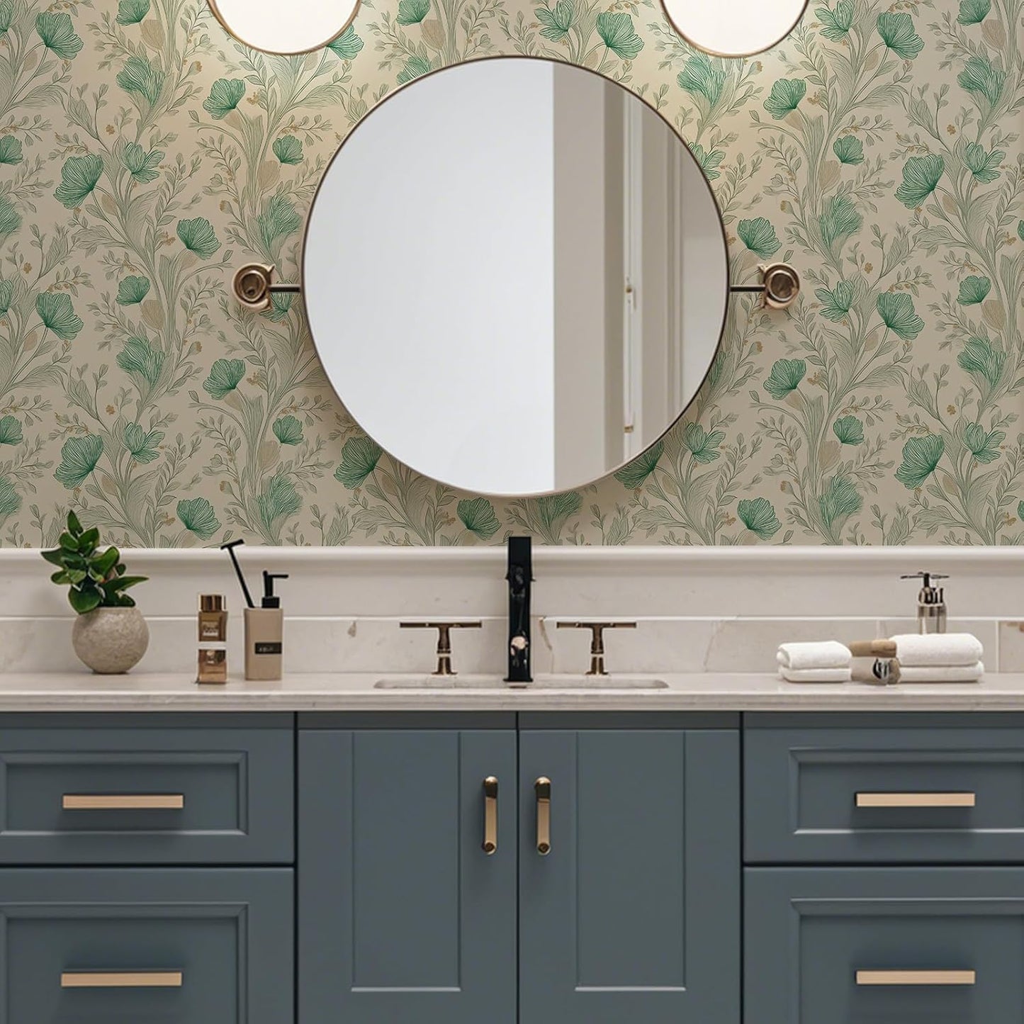 Peel and Stick Wallpaper, Self - Adhesive Removable Light Beige with Green Flowers Pattern, PVC Contact Paper for Bedroom/Living Room/Kitchen/Bathroom/Cabinet, Renter Friendly, 17.7inx118in