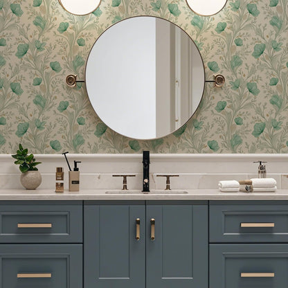 Peel and Stick Wallpaper, Self - Adhesive Removable Light Beige with Green Flowers Pattern, PVC Contact Paper for Bedroom/Living Room/Kitchen/Bathroom/Cabinet, Renter Friendly, 17.7inx118in