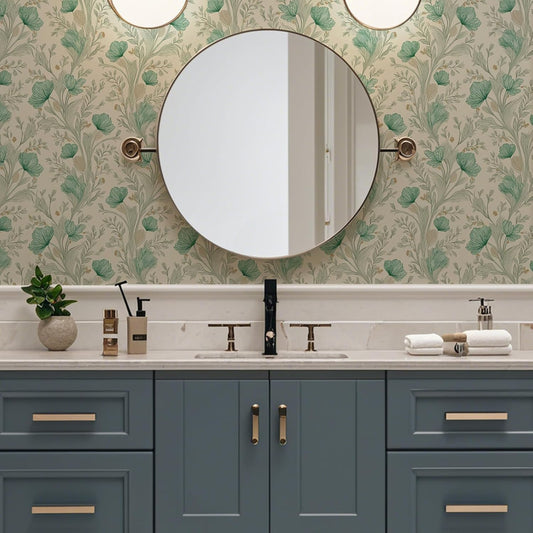 Peel and Stick Wallpaper, Self - Adhesive Removable Light Beige with Green Flowers Pattern, PVC Contact Paper for Bedroom/Living Room/Kitchen/Bathroom/Cabinet, Renter Friendly, 17.7inx118in