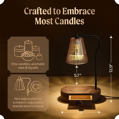 Candle Warmer Lamp with Timer & Dimmer, Natural Wooden Base with Drawer, Gold-Tone Metal Stand, Extra Bulb Included, Candle Warming Lamp, Electric Candle Wax Warmer