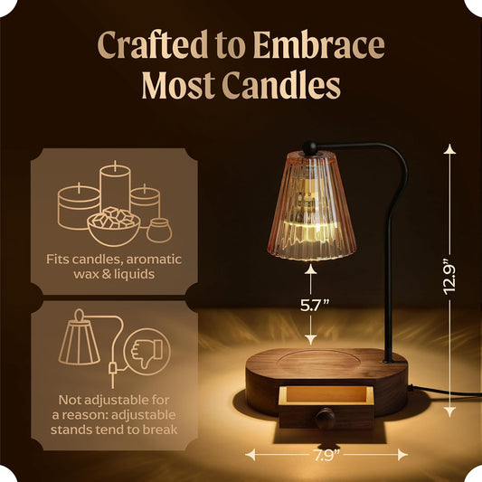 Candle Warmer Lamp with Timer & Dimmer, Natural Wooden Base with Drawer, Gold-Tone Metal Stand, Extra Bulb Included, Candle Warming Lamp, Electric Candle Wax Warmer