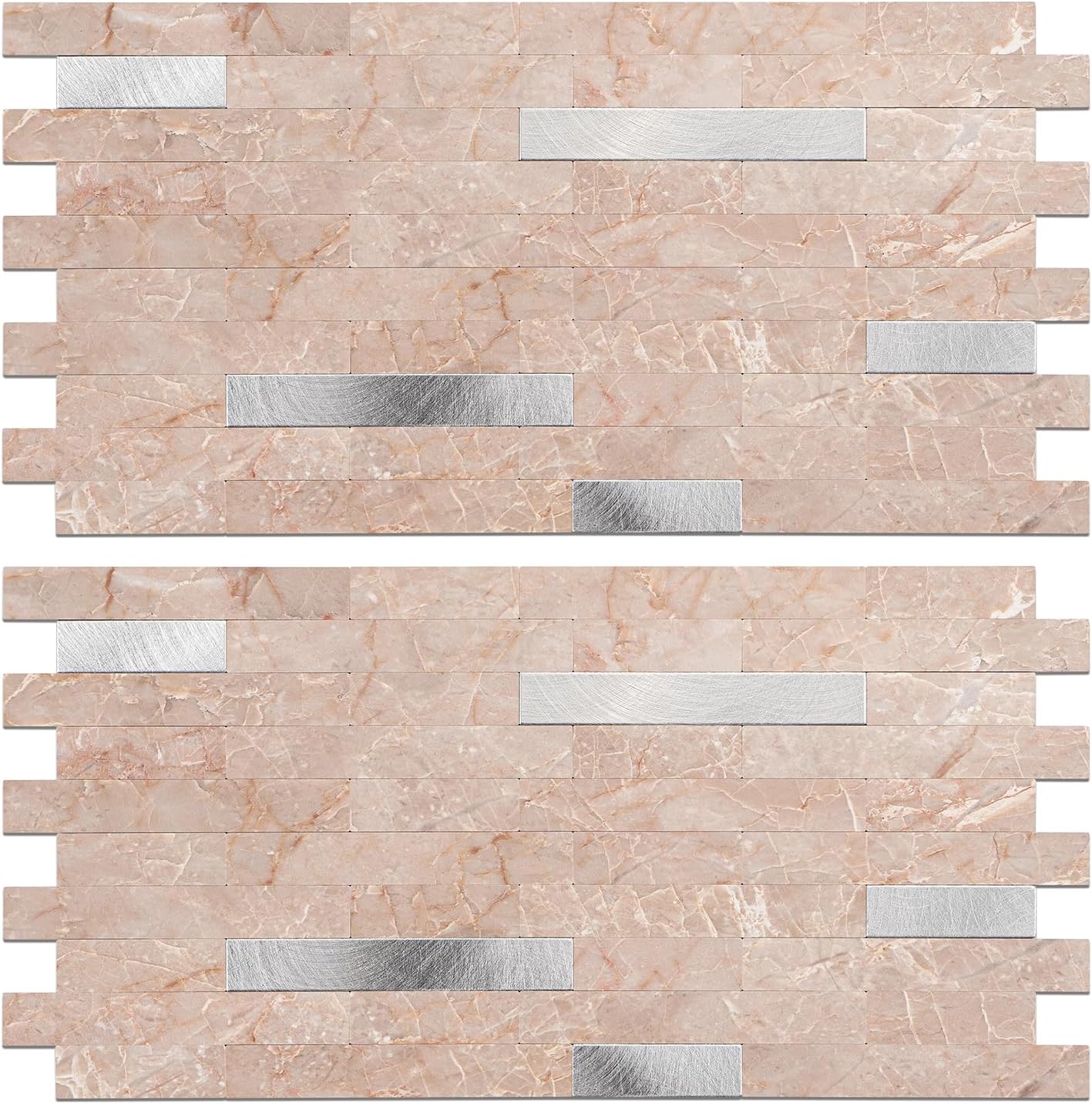 Peel and Stick Backsplash Tile Waterproof Removable PVC Wall Sticker 3D Faux Stone Marble Brick White Accent Panels (White Marble - Metal Silver, 20 Tiles - 9 sq. ft. (0.84 M²))