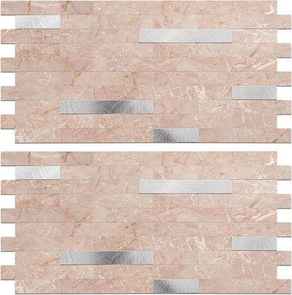 Peel and Stick Backsplash Tile Waterproof Removable PVC Wall Sticker 3D Faux Stone Marble Brick White Accent Panels (White Marble - Metal Silver, 20 Tiles - 9 sq. ft. (0.84 M²))