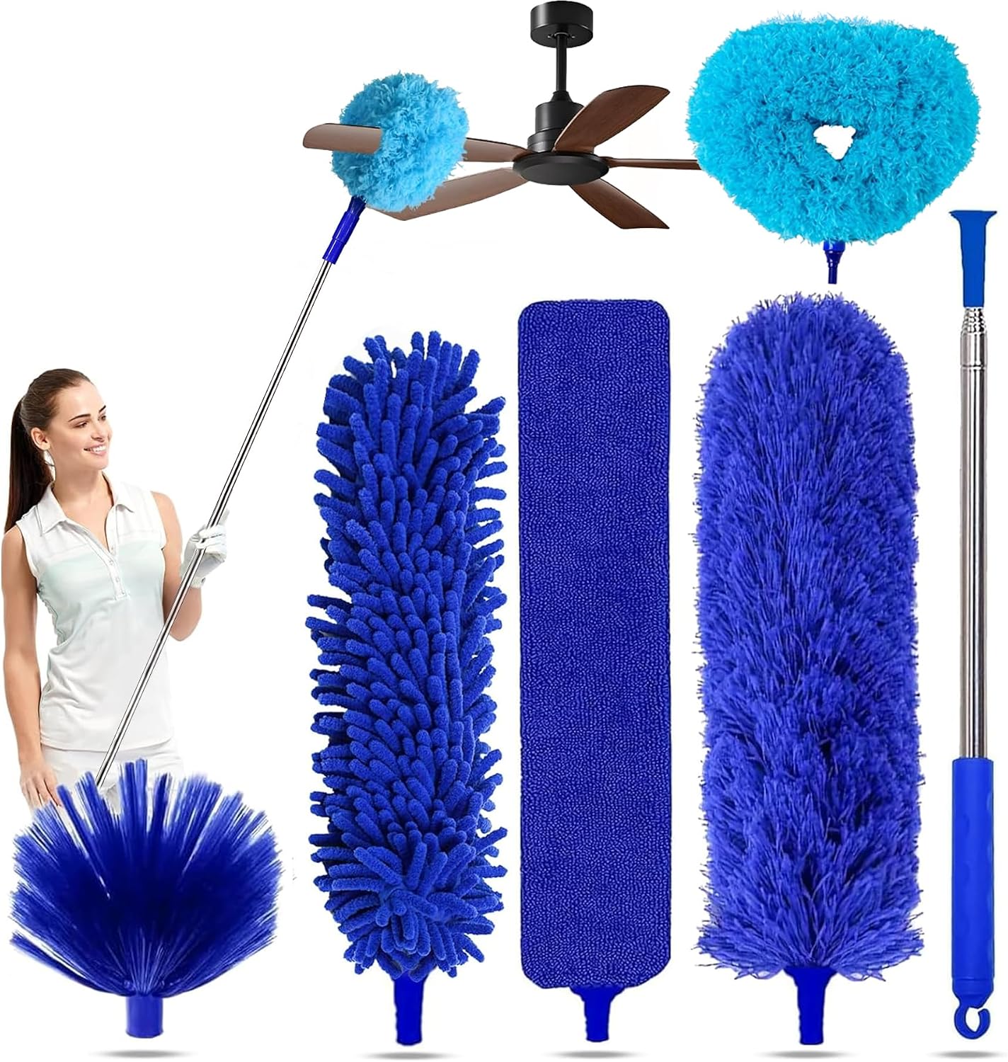 Duster with Extension Pole - Blue | 5-in-1 Kit Dusters for Cleaning, Extendable Duster with 100 Inches, Microfiber Dusters for Ceiling Fans, Furniture, Blinds