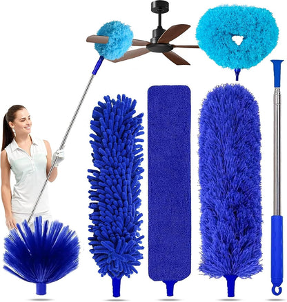 Duster with Extension Pole - Blue | 5-in-1 Kit Dusters for Cleaning, Extendable Duster with 100 Inches, Microfiber Dusters for Ceiling Fans, Furniture, Blinds