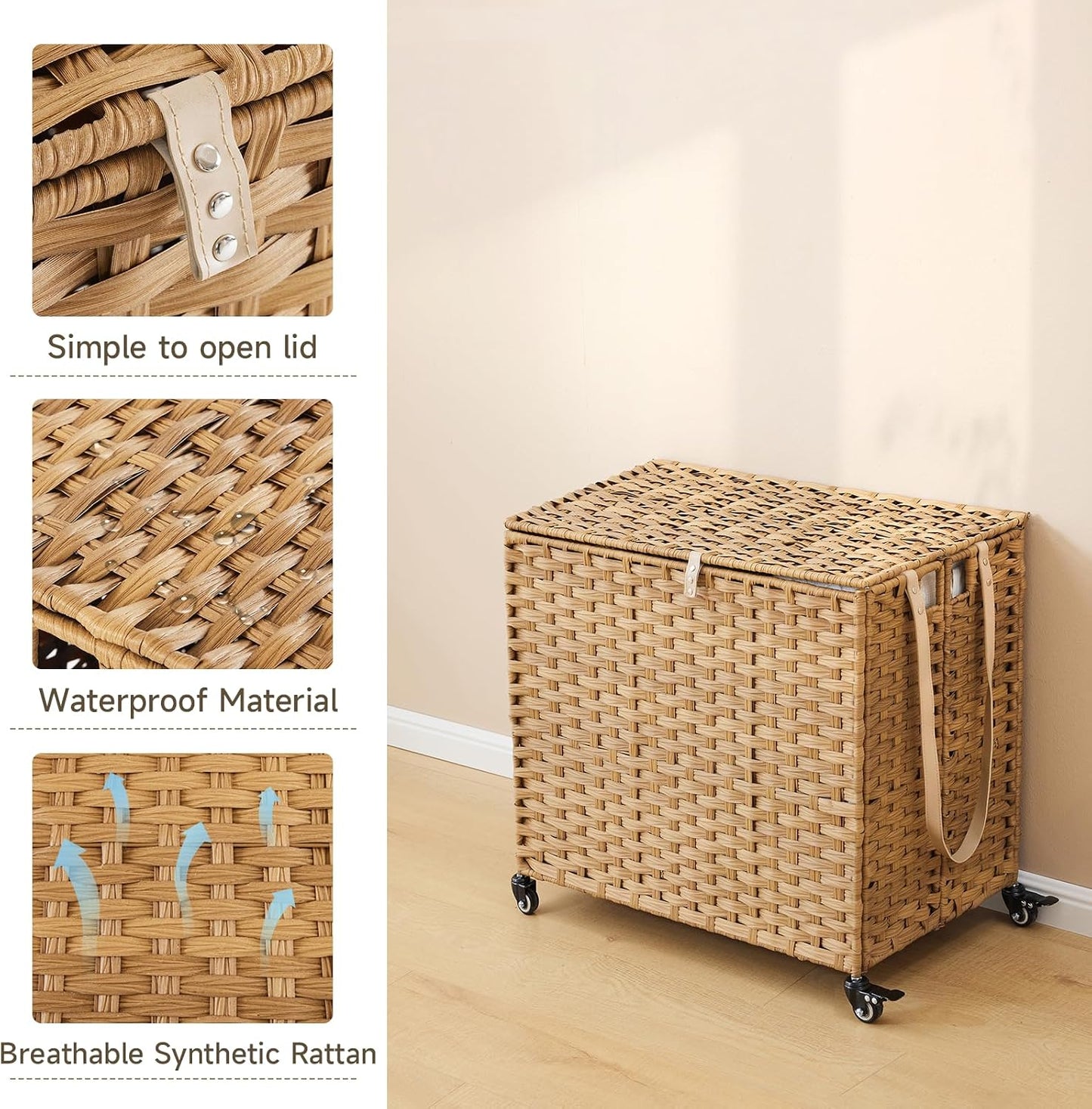 Laundry Hamper with Wheels, 34.3 Gallon(130L) Rolling Laundry Basket with Lid, 3-Section Rattan Clothes Hamper with 3 Removable Liner & 3 Mesh Bags, Laundry Sorter with Side Pocket, Brown
