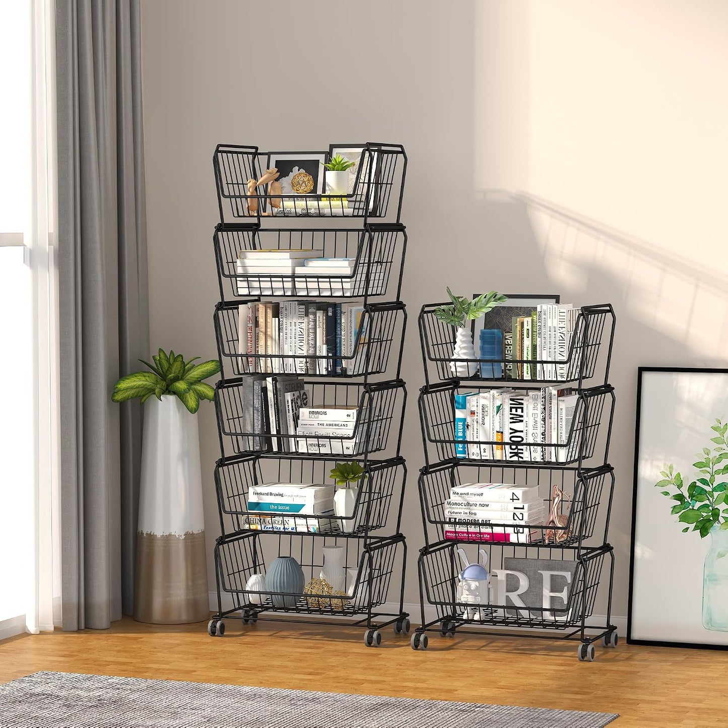 PUSDON 6-Tier Tall Stackable Wire Storage Baskets with Wheels, Vertical Metal Rolling Utility Cart, High Capacity Produce Basket for Kitchen Pantry, Snack Organizer, Matte Black