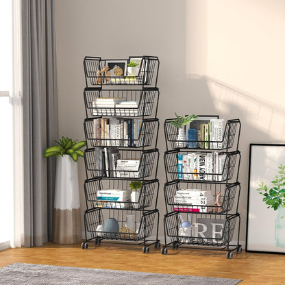 PUSDON 6-Tier Tall Stackable Wire Storage Baskets with Wheels, Vertical Metal Rolling Utility Cart, High Capacity Produce Basket for Kitchen Pantry, Snack Organizer, Matte Black