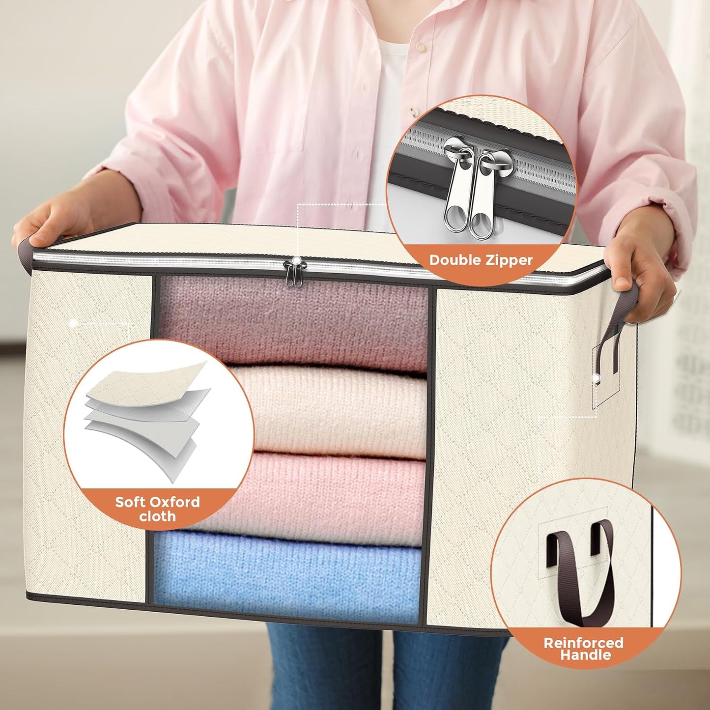90L Large Storage Bags, 6 Pack Clothes Storage Bins Foldable Closet Organizers Storage Containers with Reinforced Handle for Clothing, Blanket, Comforters, Bed Sheets, Pillows and Toys (Gray)