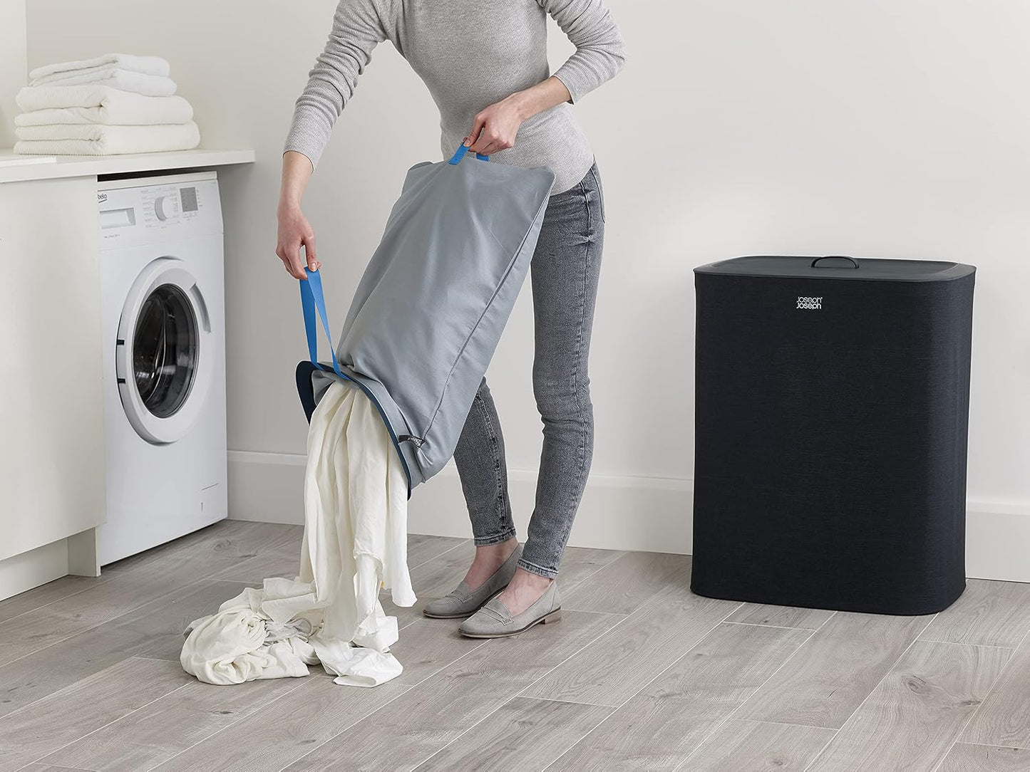 Joseph Joseph Tota Trio 90 liter/23.8 gallon Laundry Hamper Separation Basket with lid, 3 Removable Washing Bags with Handles- Ecru